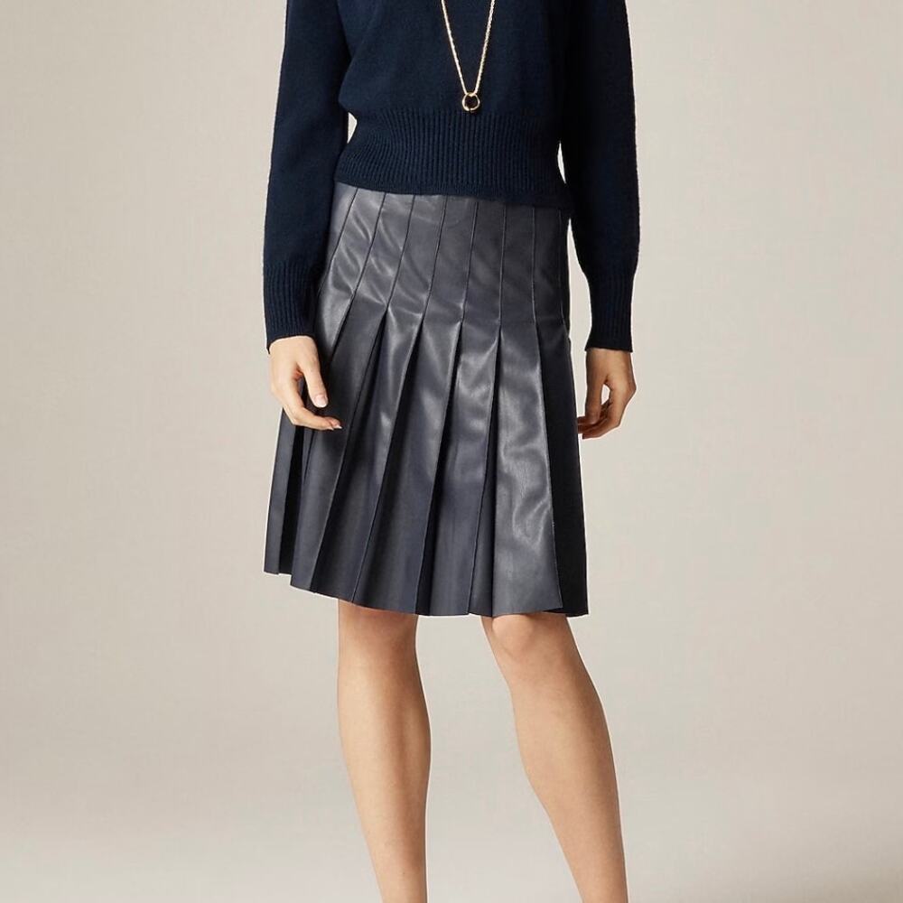 J.Crew Pleated Knee Length Skirt Faux Leather Dark Shadow Size 12 NWT
